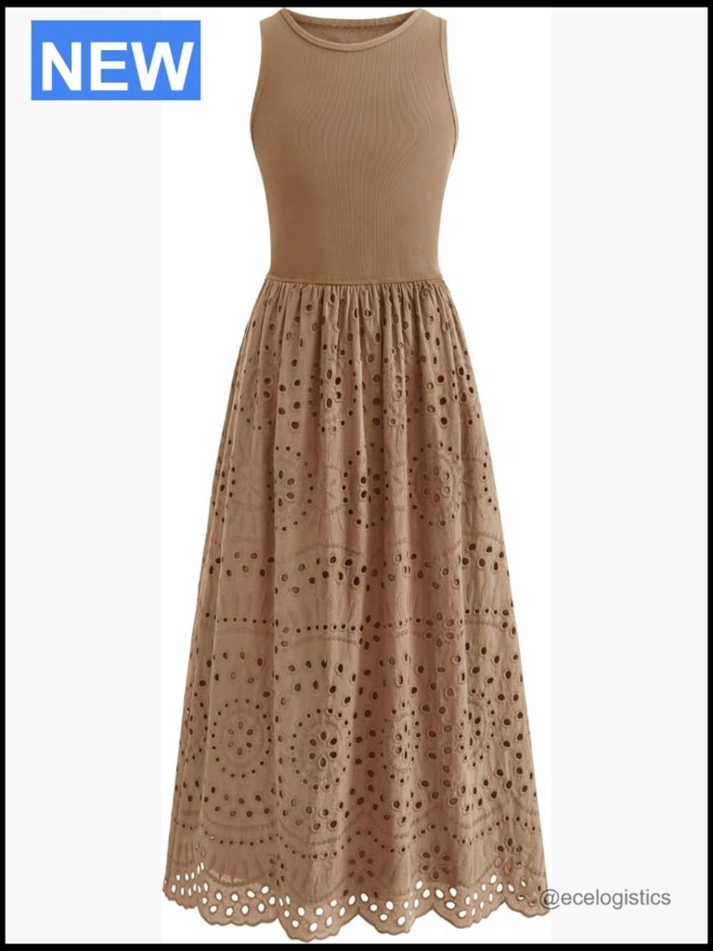 Casual Sleeveless Maxi Dress with Pockets Boho Eyelet Lace Cotton Knit A-Line